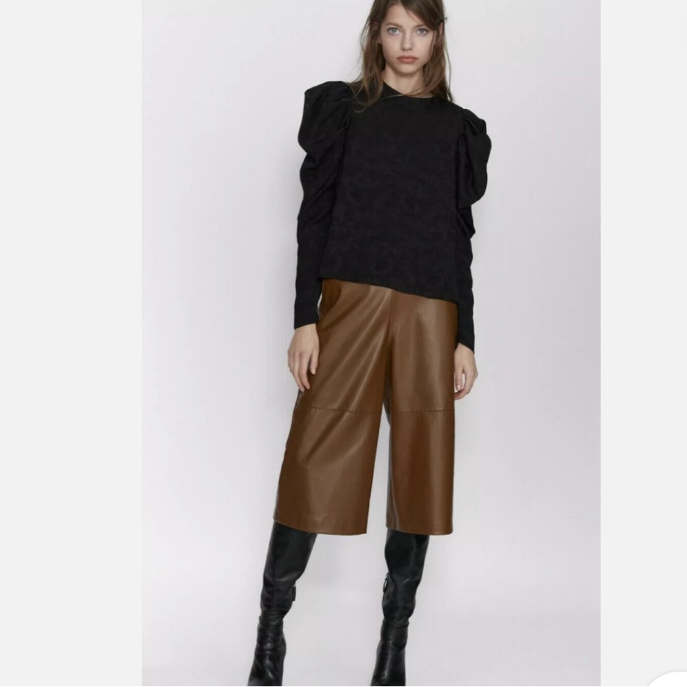 Zara Puff Sleeve Black Jacquard Blouse